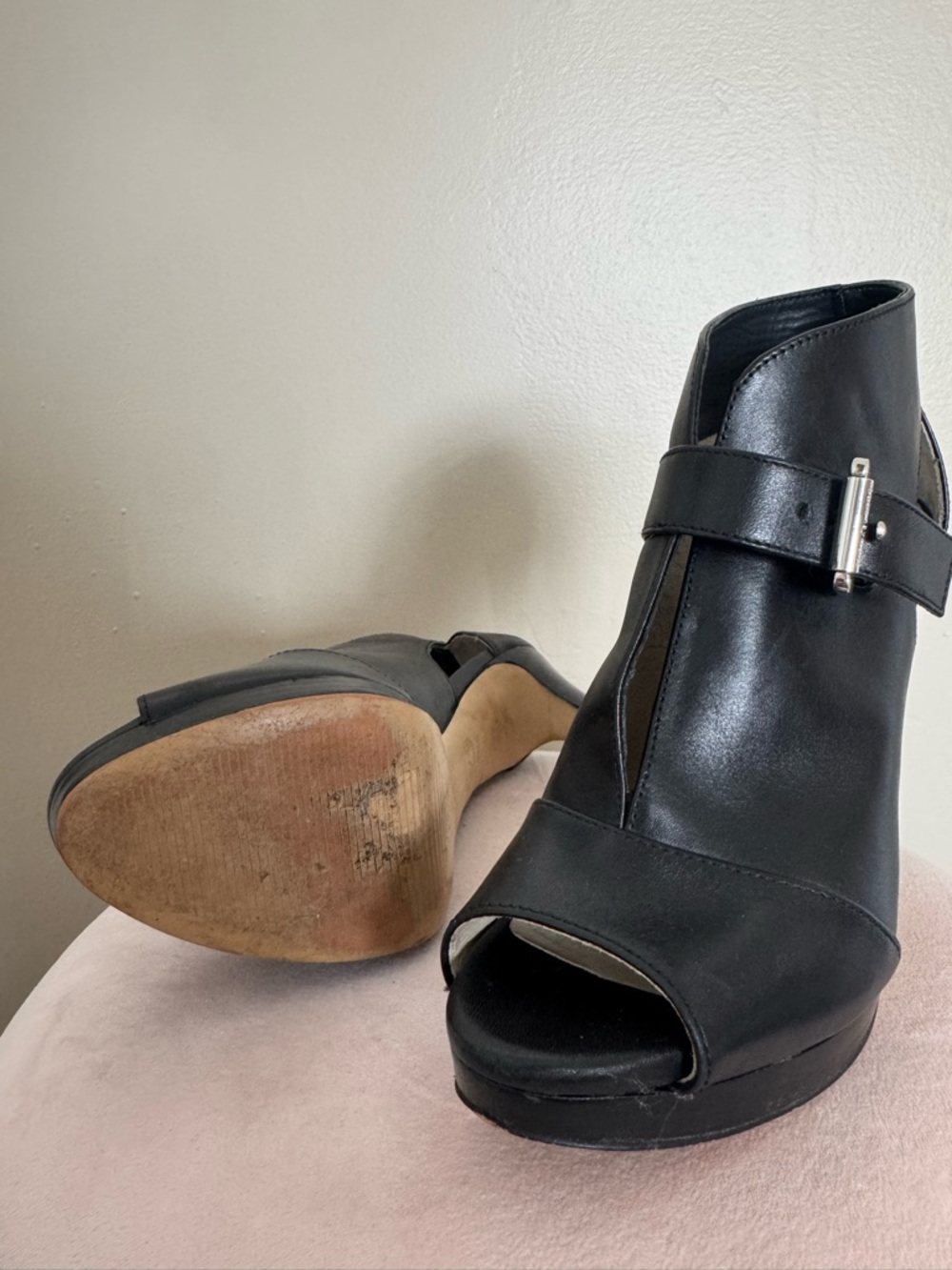 Michael Kors Black Leather Peep-Toe Buckle High Heels - Picture 2 of 6